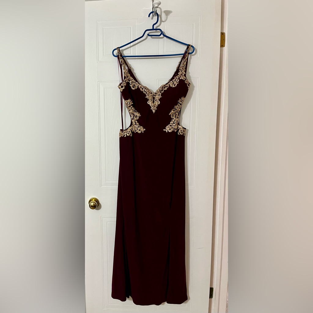 Cachet Burgundy Maxi Dress With Gold Lace Trim